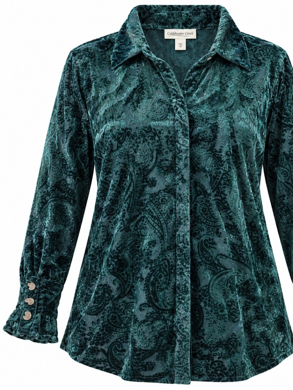 COLDWATER CREEK | Emerald Paisley Burnout Velvet Peplum Blouse | Petite XL